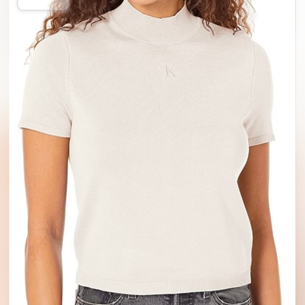 Calvin Klein Jeans White Short-Sleeve Mock Neck Knit Top Size XS
